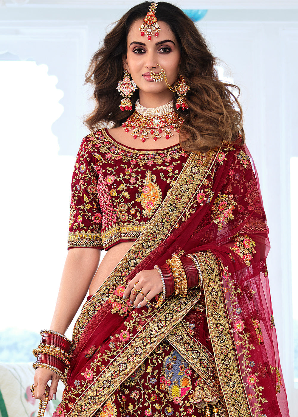 Buy MySilkLove Burnt Umber Maroon Heavy Embroidered Velvet Lehenga Online