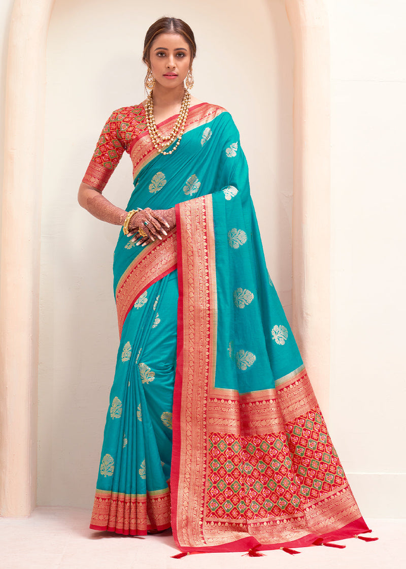Blue Chill and Red Zari Woven Banarasi Silk Saree