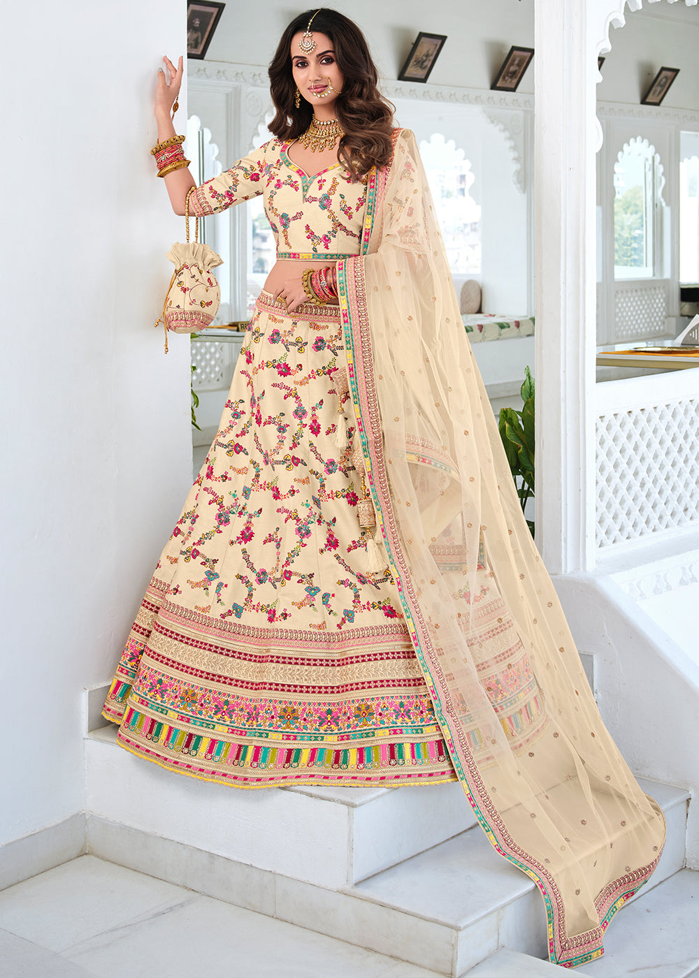 Buy MySilkLove Barley Cream Heavy Embroidered Silk Lehenga Online