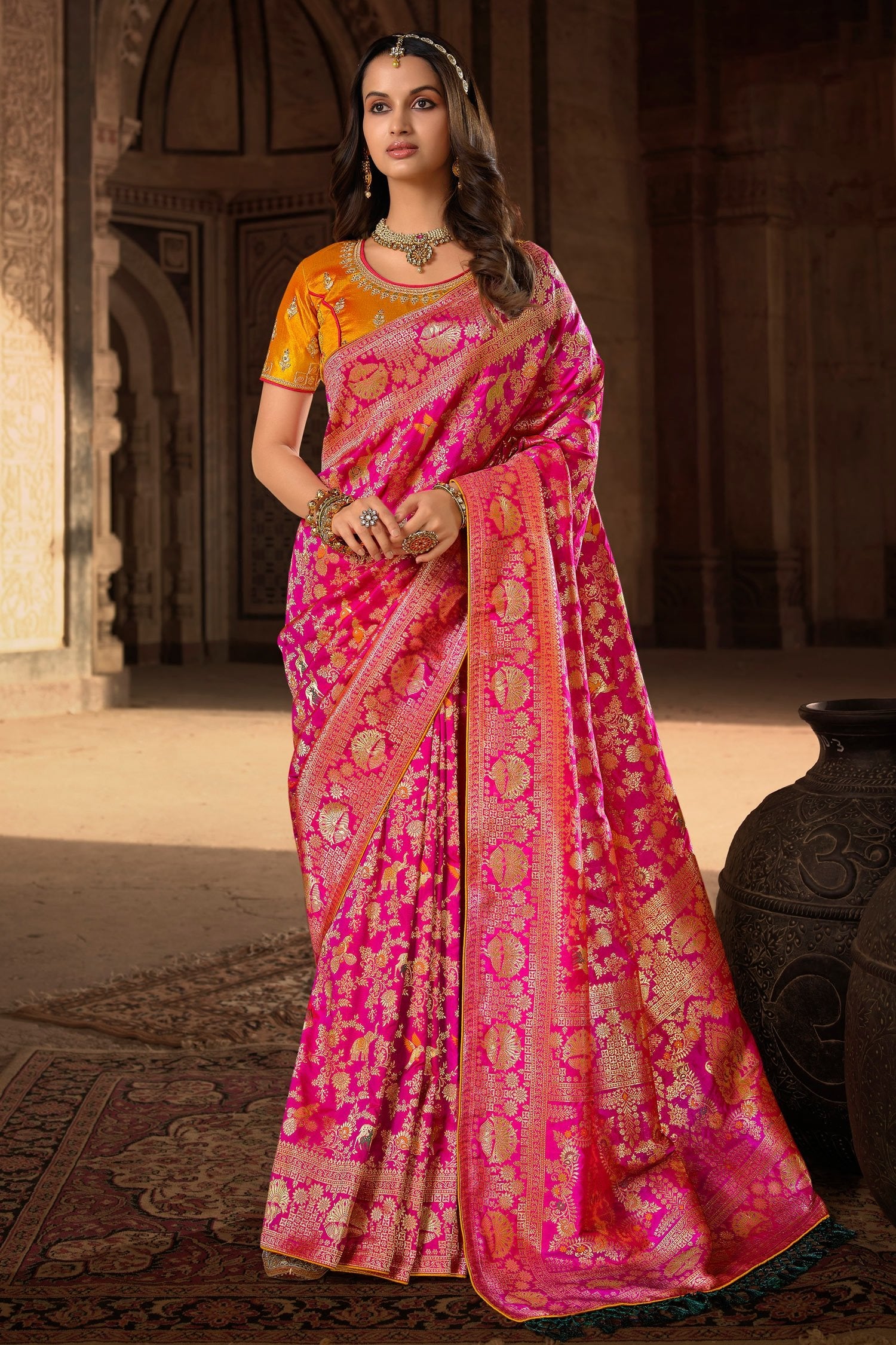 Buy MySilkLove Watermelon Pink Designer Banarasi Woven Silk Saree Online