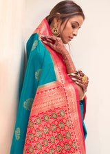Blue Chill and Red Zari Woven Banarasi Silk Saree