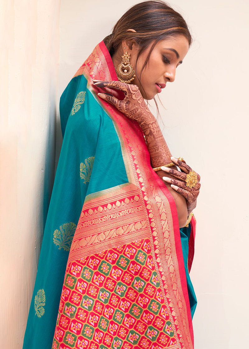 Blue Chill and Red Zari Woven Banarasi Silk Saree