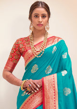 Blue Chill and Red Zari Woven Banarasi Silk Saree