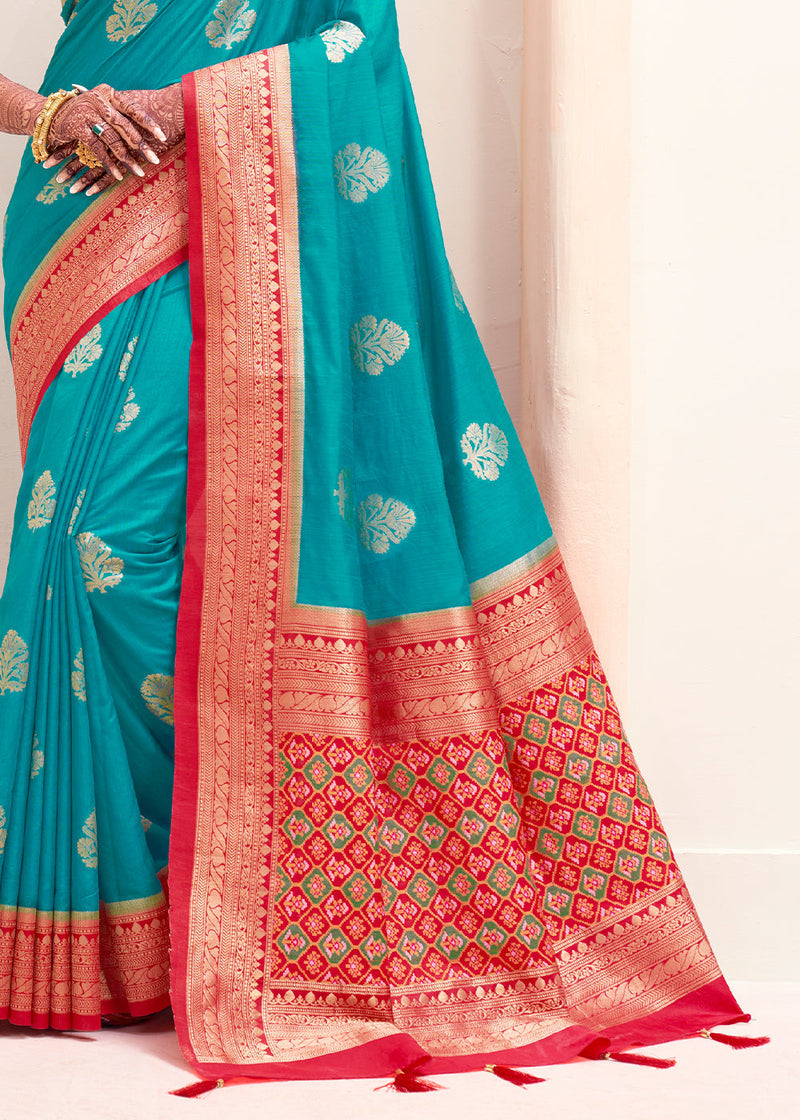 Blue Chill and Red Zari Woven Banarasi Silk Saree