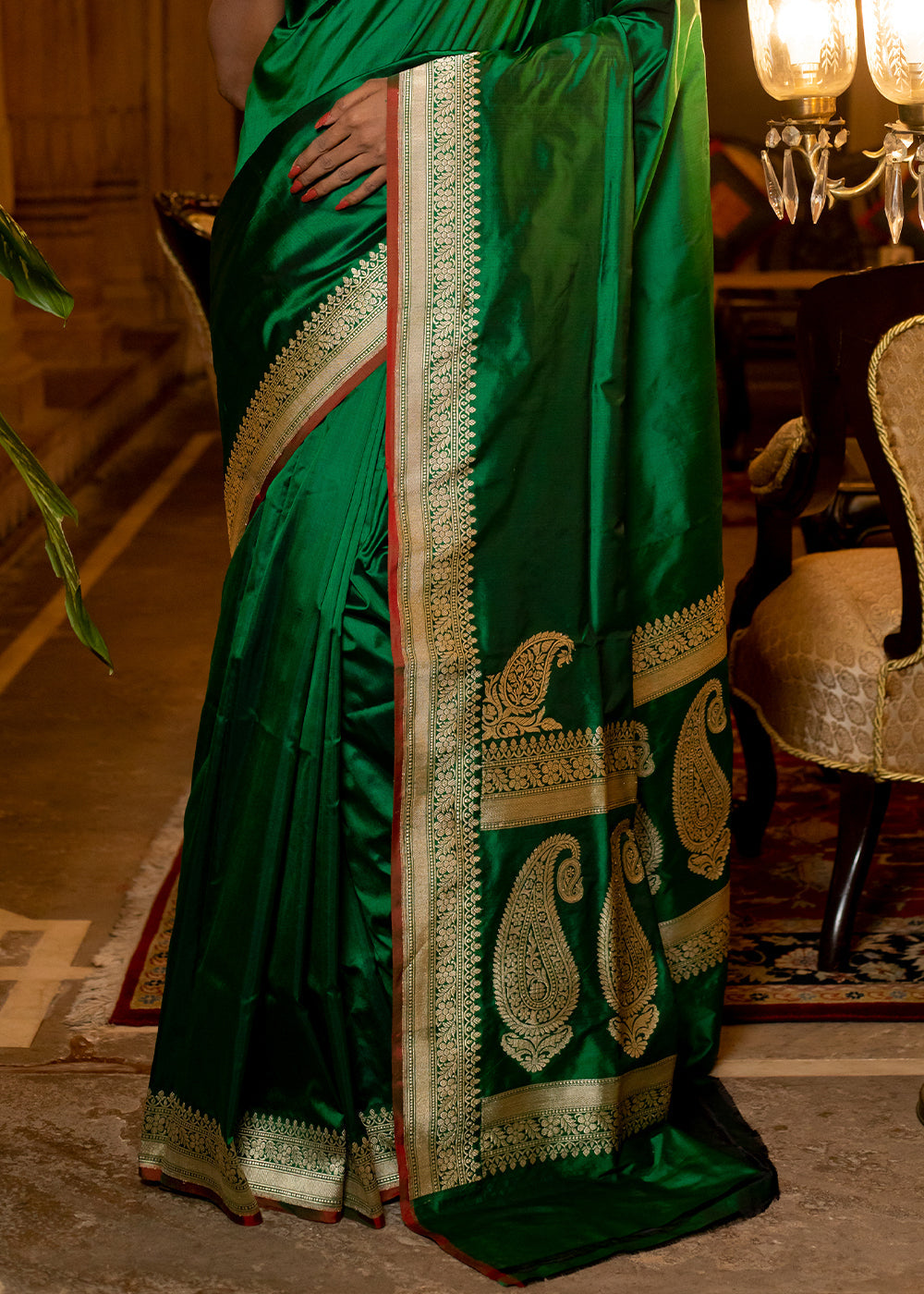 Buy MySilkLove Dark Green Hand Woven Katan Pure Silk Saree Online