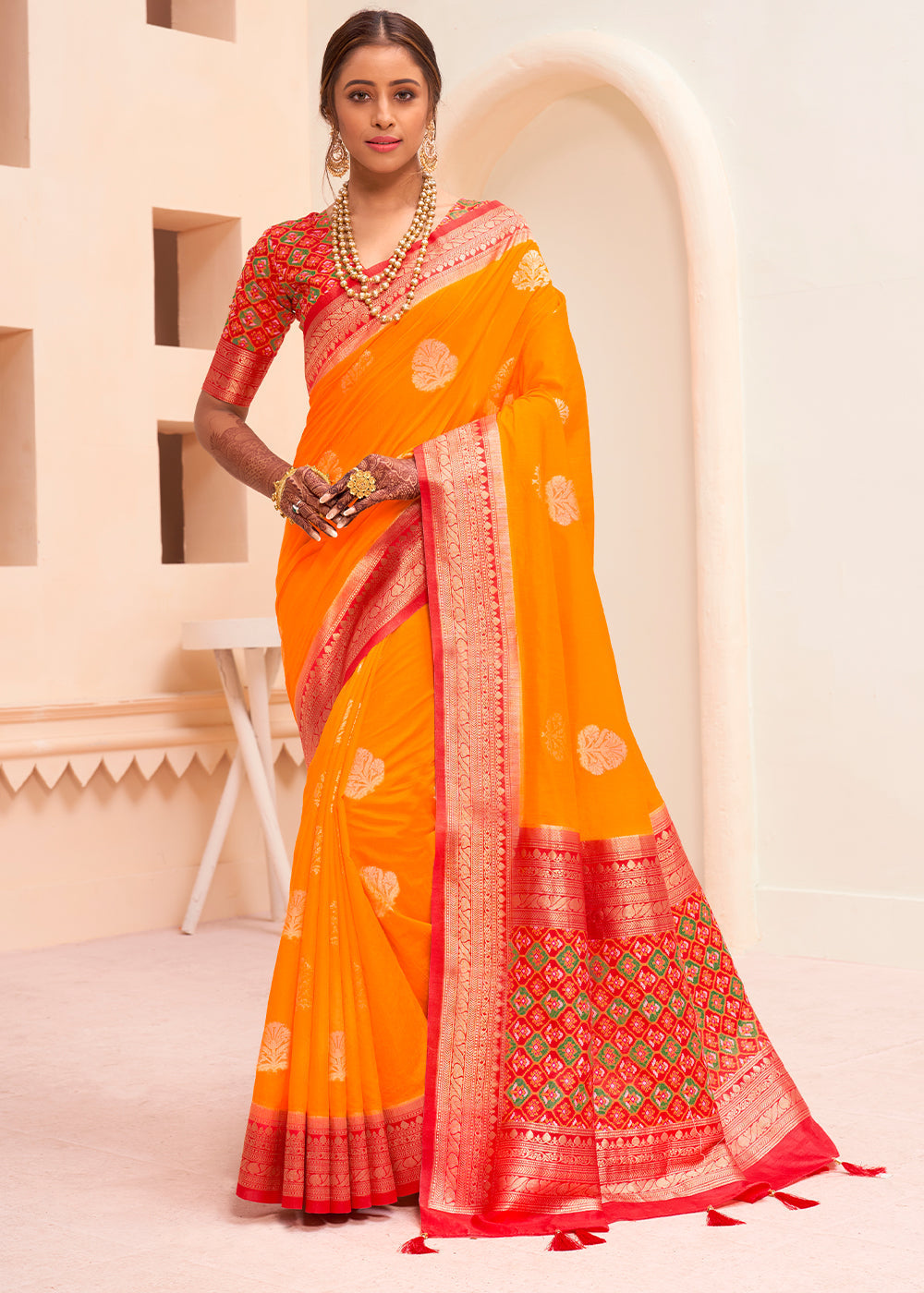 Buy MySilkLove Crusta Orange and Red Zari Woven Banarasi Silk Saree Online