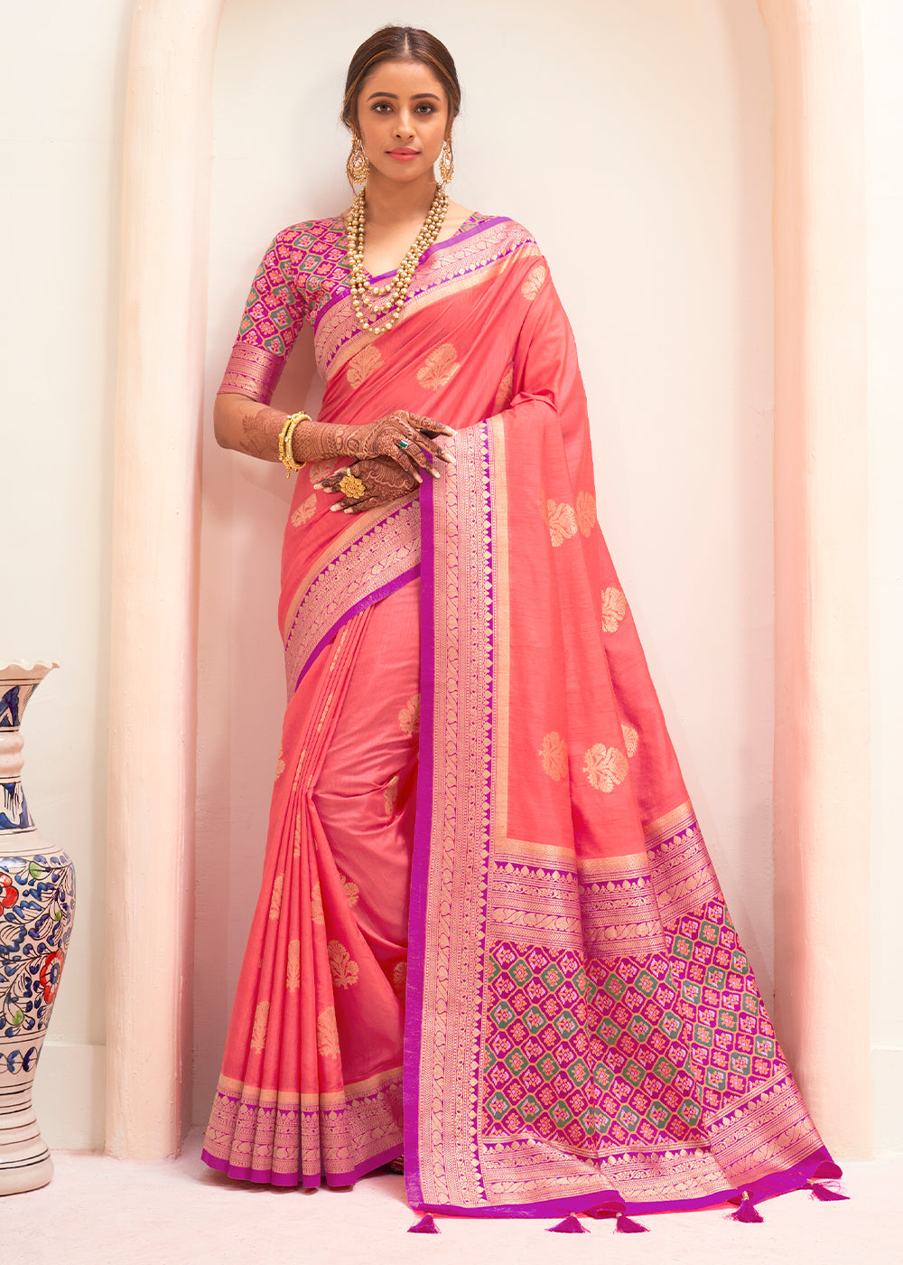 Buy MySilkLove Vivid Pink and Purple Zari Woven Banarasi Silk Saree Online