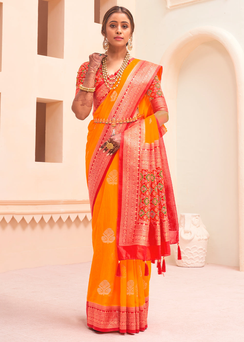 Buy MySilkLove Crusta Orange and Red Zari Woven Banarasi Silk Saree Online