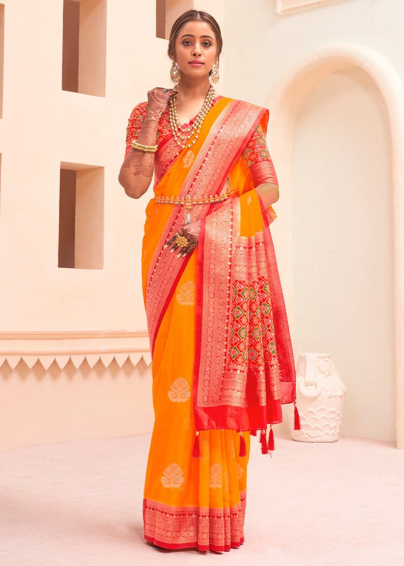 Crusta Orange and Red Zari Woven Banarasi Silk Saree