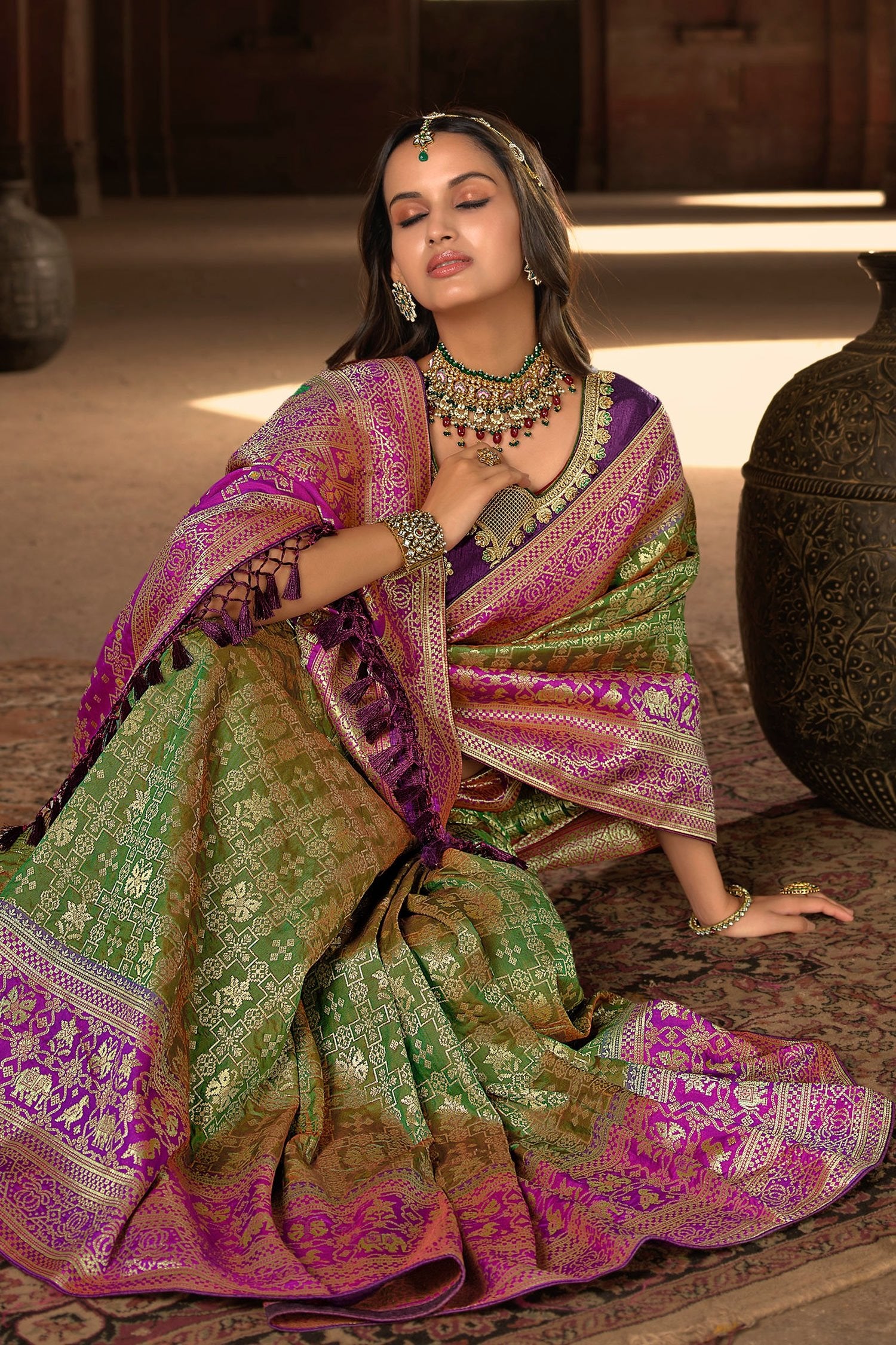 MySilkLove Fern Green and Purple Designer Banarasi Woven Silk Saree