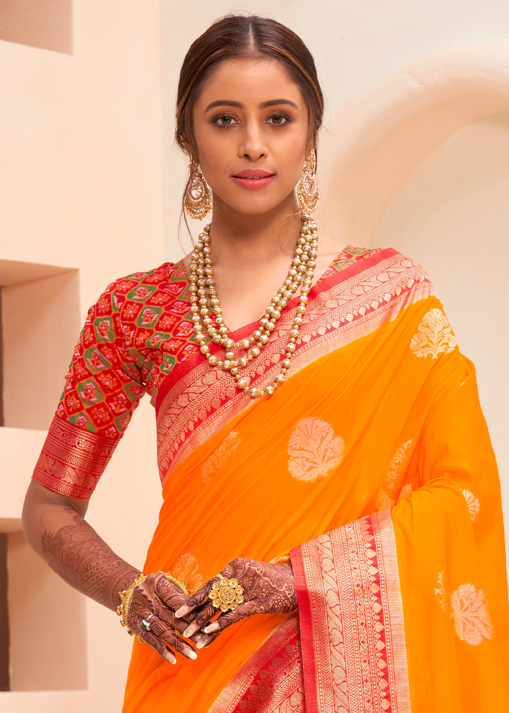 Buy MySilkLove Crusta Orange and Red Zari Woven Banarasi Silk Saree Online