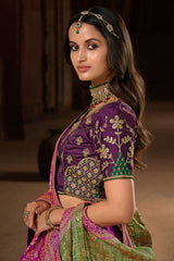 Fern Green and Purple Designer Banarasi Woven Silk Saree