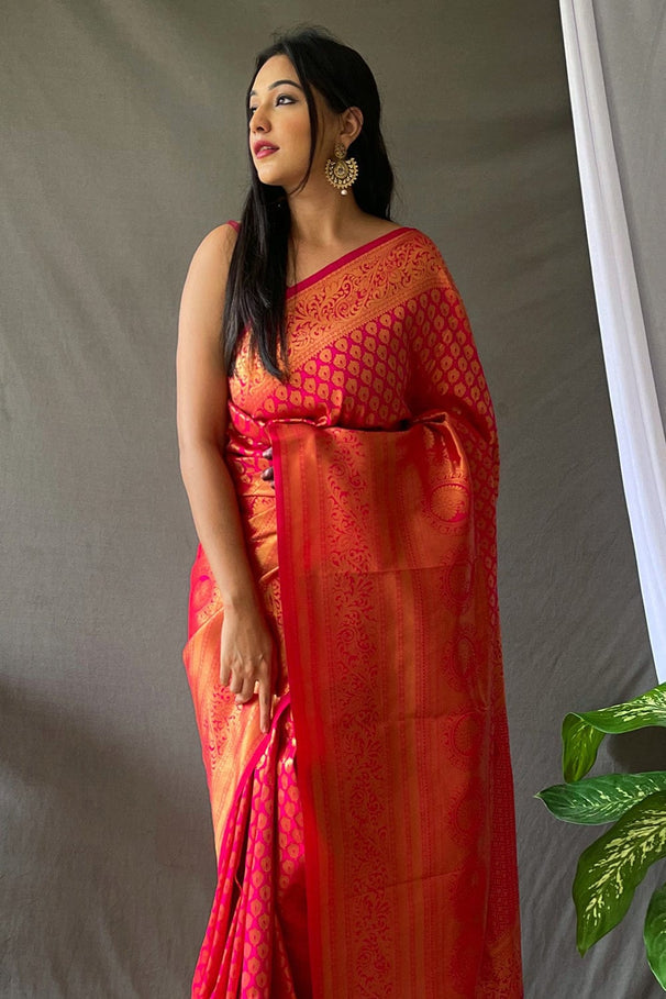 Cardinal Pink Kanjivaram Silk Saree