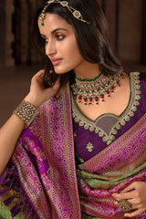Fern Green and Purple Designer Banarasi Woven Silk Saree