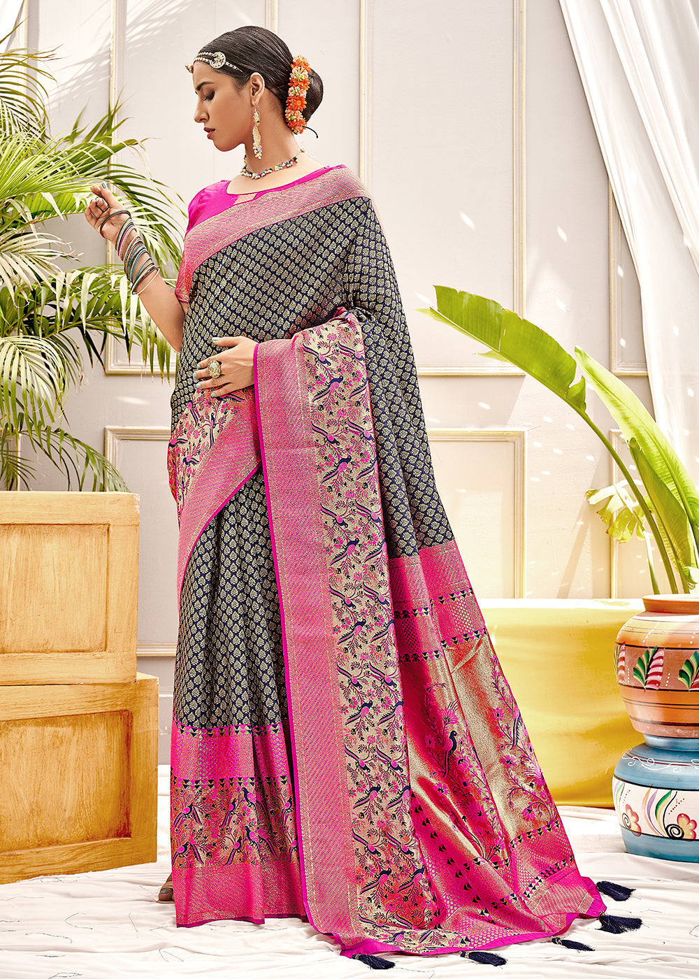 Buy MySilkLove Flint Blue and Pink Zari Woven Banarasi Saree Online