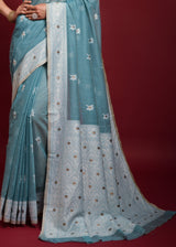 Gothic Blue Chikankari Chanderi Cotton Woven Saree