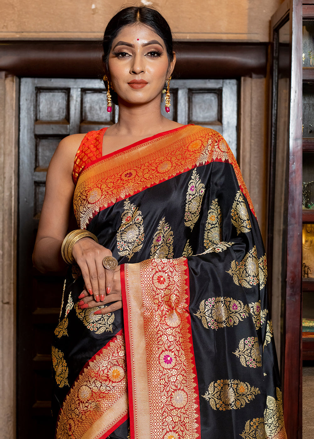 Buy MySilkLove Dune Black Hand Woven Katan Pure Silk Saree Online