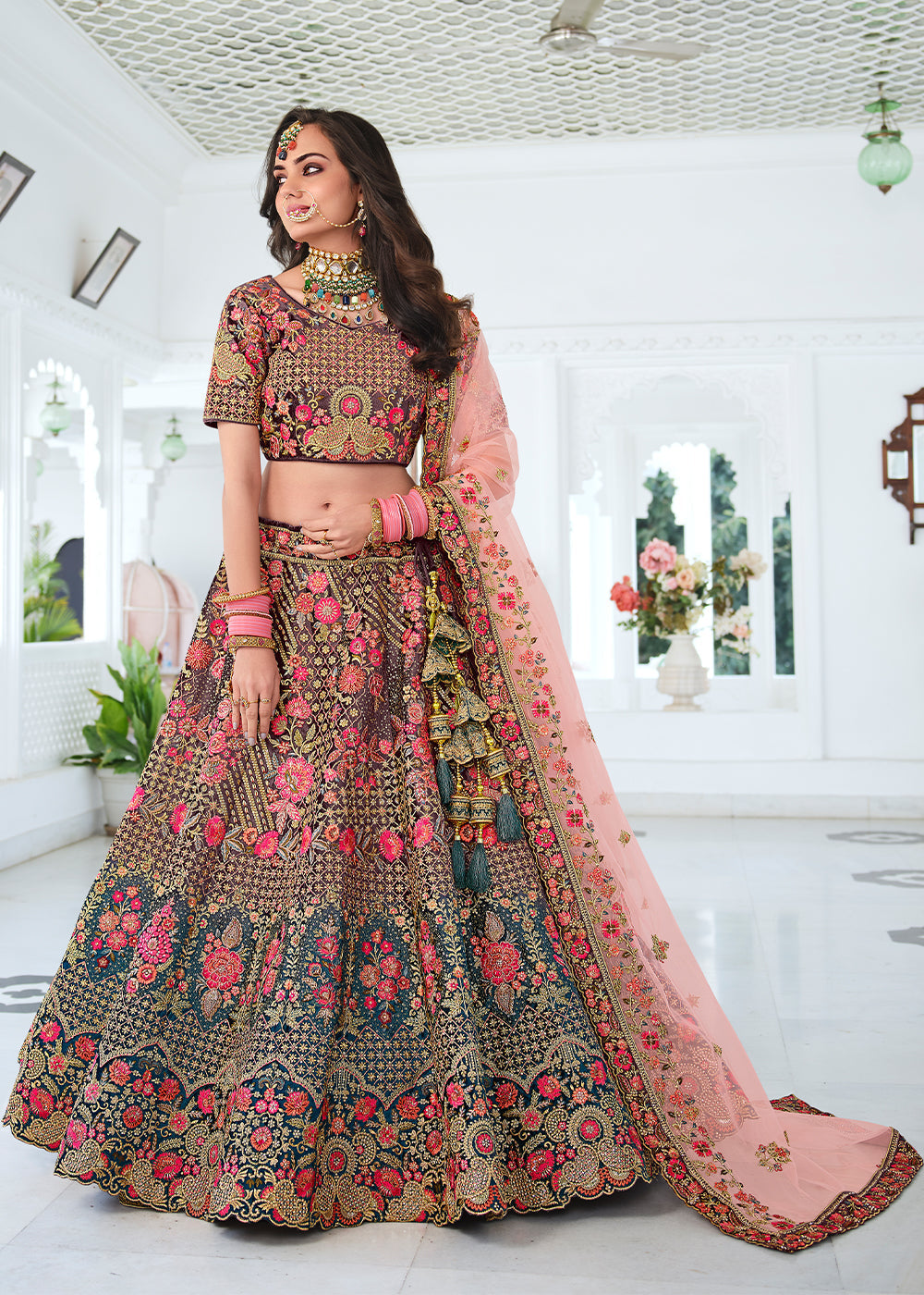 Buy MySilkLove Roman Grey and Blue Dual Tone Heavy Embroidered Velvet Lehenga Online