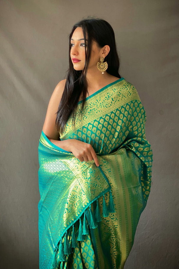 Buy MySilkLove Fruit Salad Green Kanjivaram Silk Saree Online