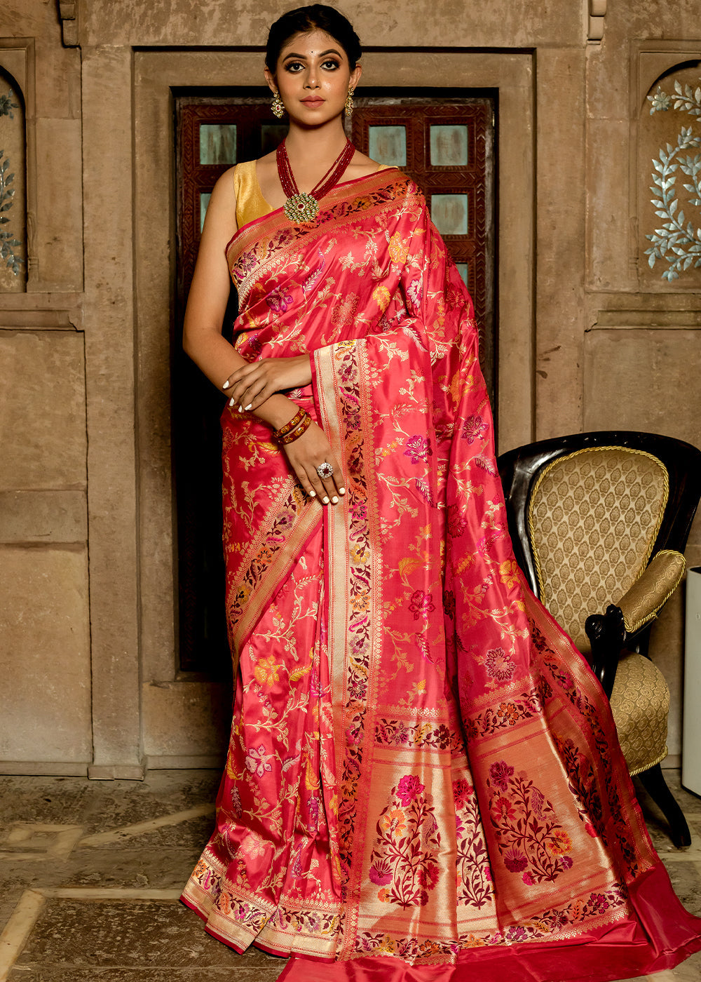 Buy MySilkLove Carnation Red Hand Woven Katan Pure Silk Saree Online