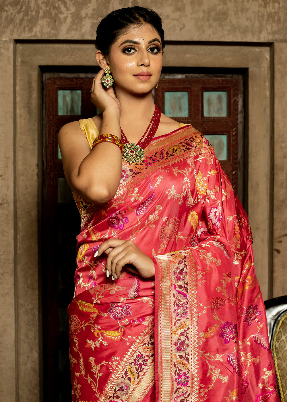 Buy MySilkLove Carnation Red Hand Woven Katan Pure Silk Saree Online