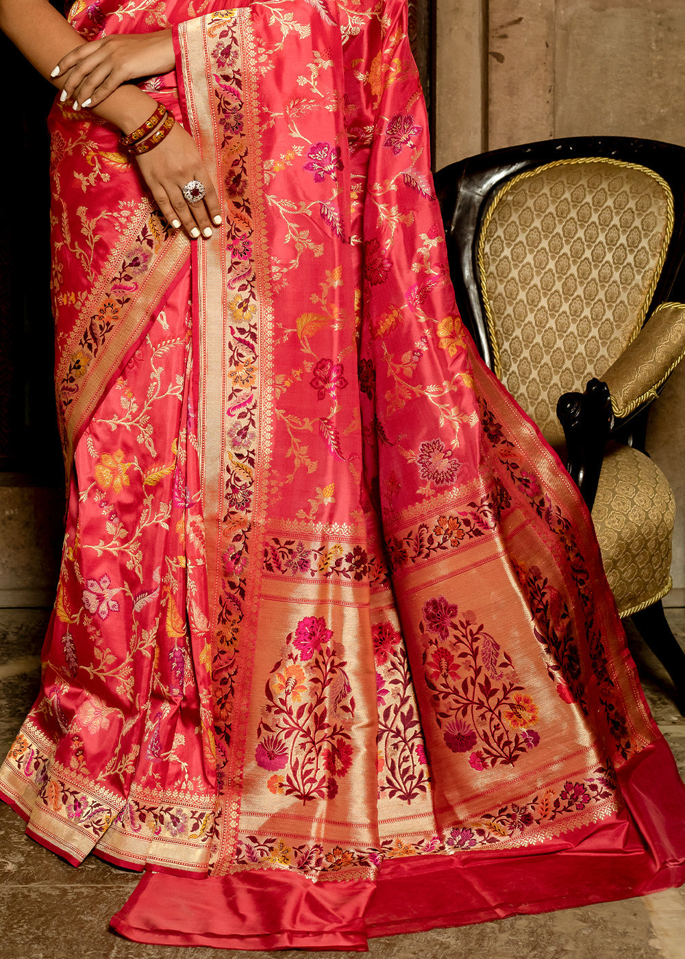 Buy MySilkLove Carnation Red Hand Woven Katan Pure Silk Saree Online