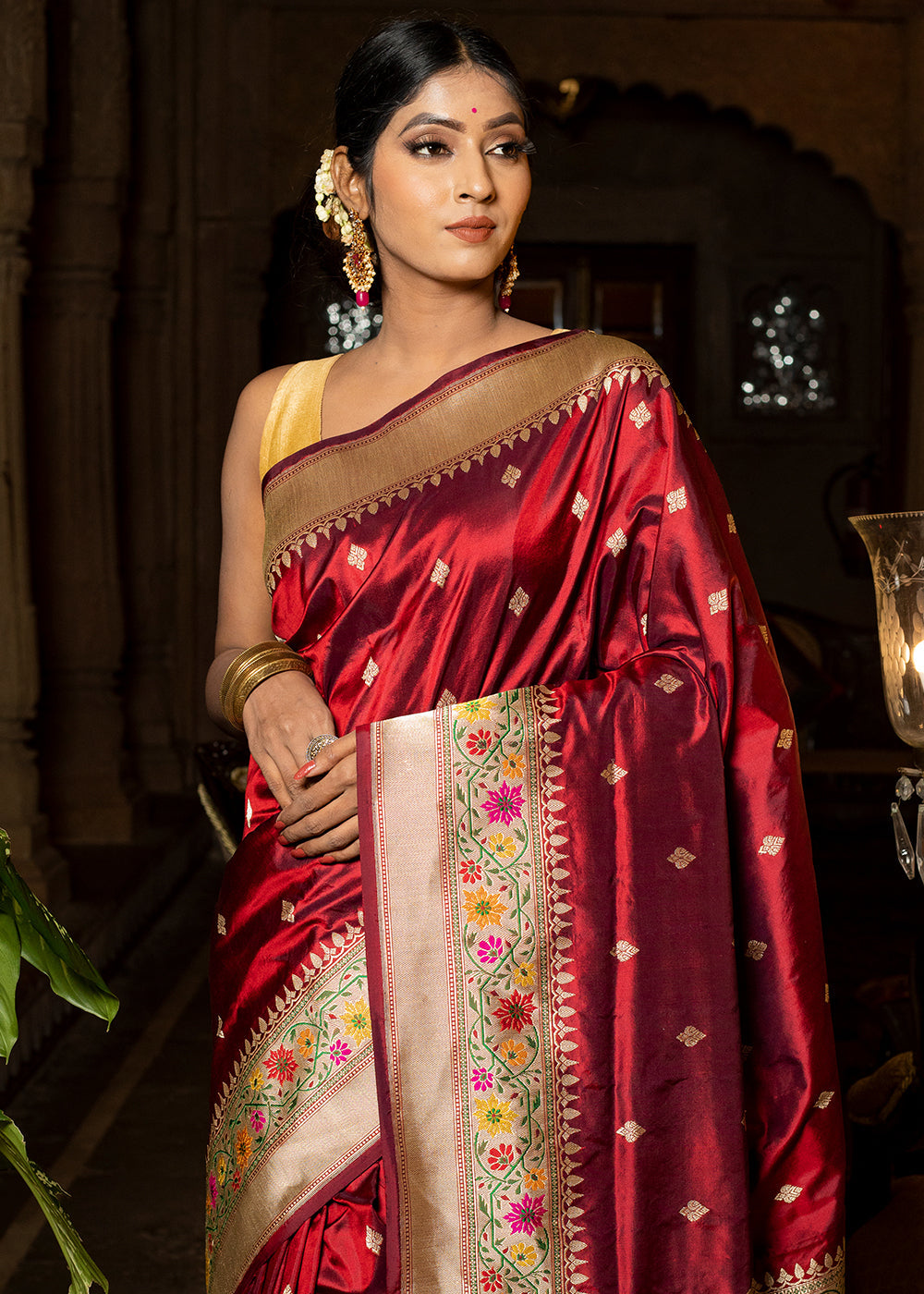 Buy MySilkLove Merlot Red Hand Woven Katan Pure Silk Saree Online