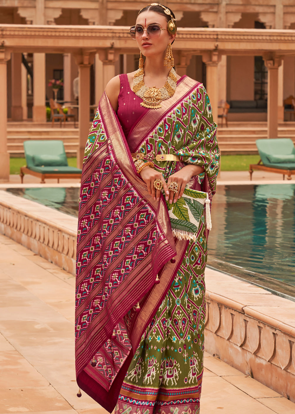 Buy MySilkLove Pesto Green and Maroon Woven Patola Silk Saree Online