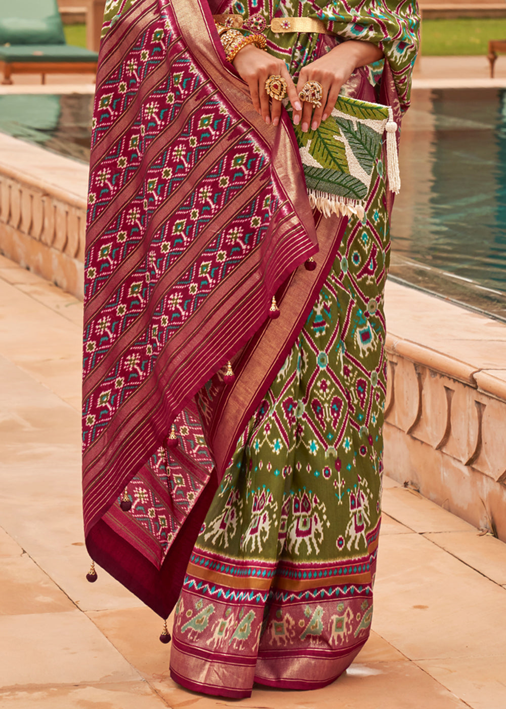 Buy MySilkLove Pesto Green and Maroon Woven Patola Silk Saree Online