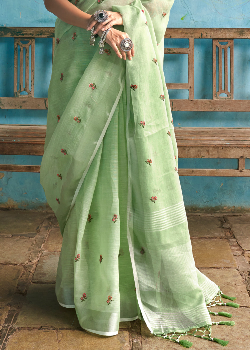 Buy MySilkLove Battleship Green Floral Embroidered Linen Saree Online