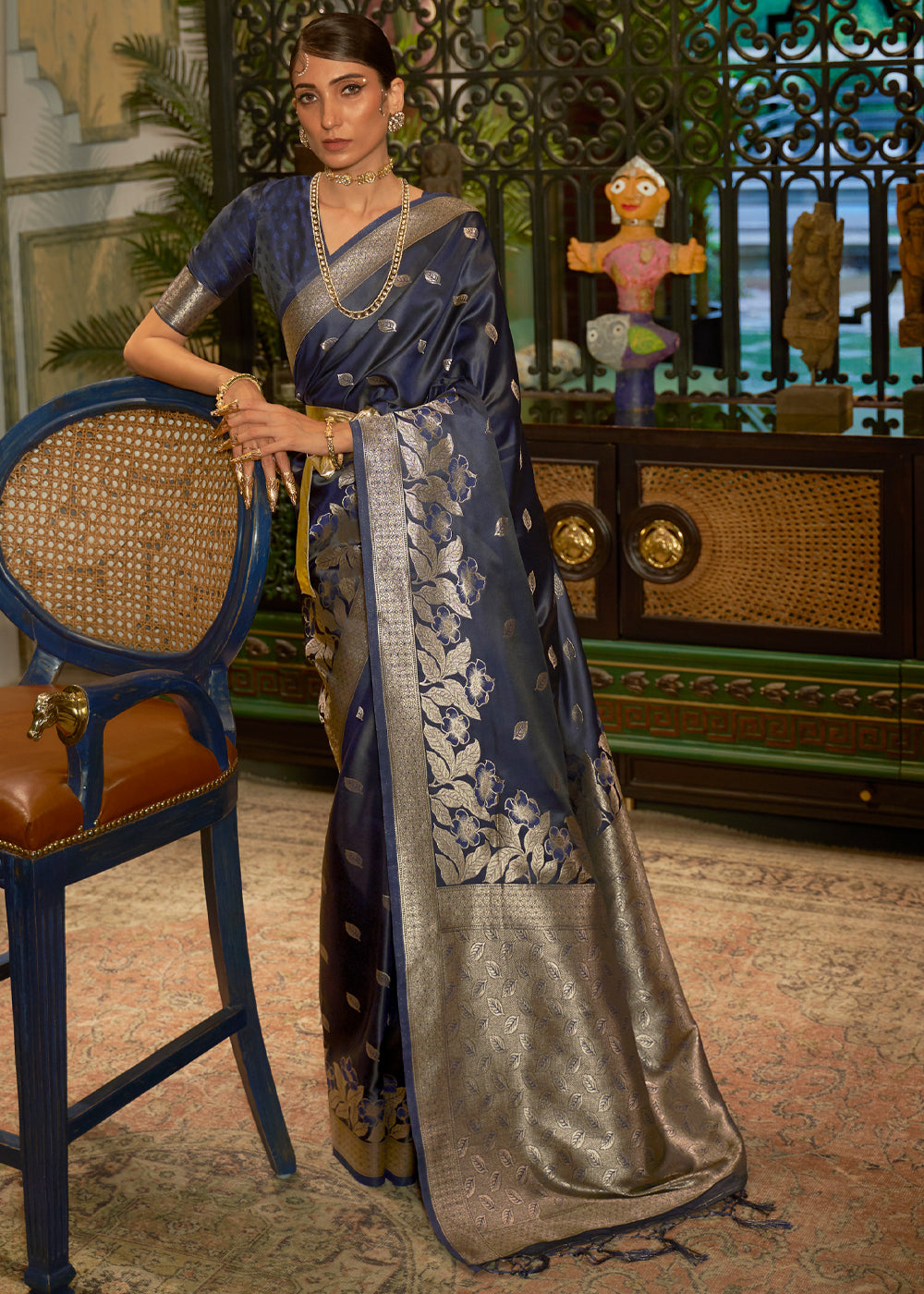 Buy MySilkLove Ebony Clay Blue woven Banarasi Silk Saree Online