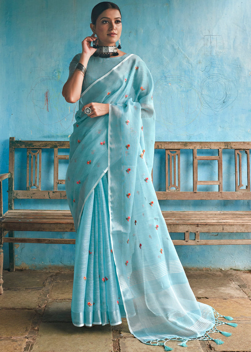 Sky Blue Kalamkari Printed Linen Saree - Urban Womania