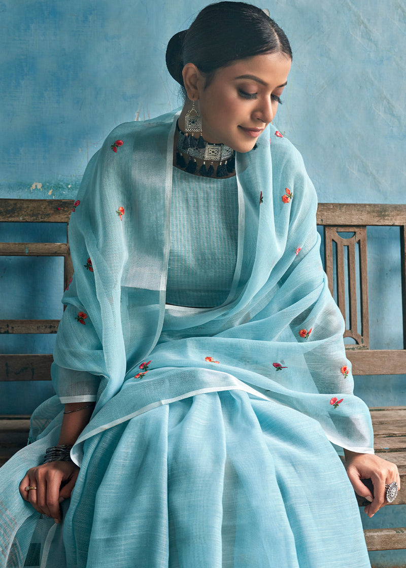 San Blue Designer Lycra Saree with Embroidery Work – MySilkLove