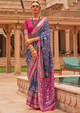 Fiord Blue and Pink Woven Patola Silk Saree
