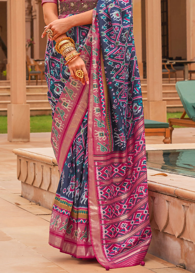Fiord Blue and Pink Woven Patola Silk Saree