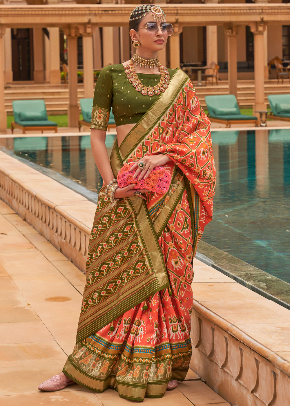 Buy MySilkLove Crusta Orange and Green Woven Patola Silk Saree Online