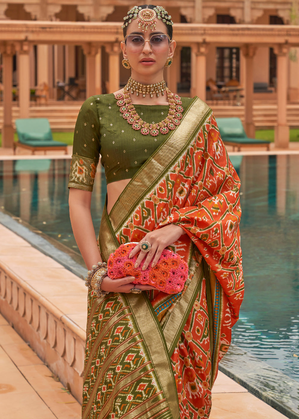 MySilkLove Crusta Orange and Green Woven Patola Silk Saree