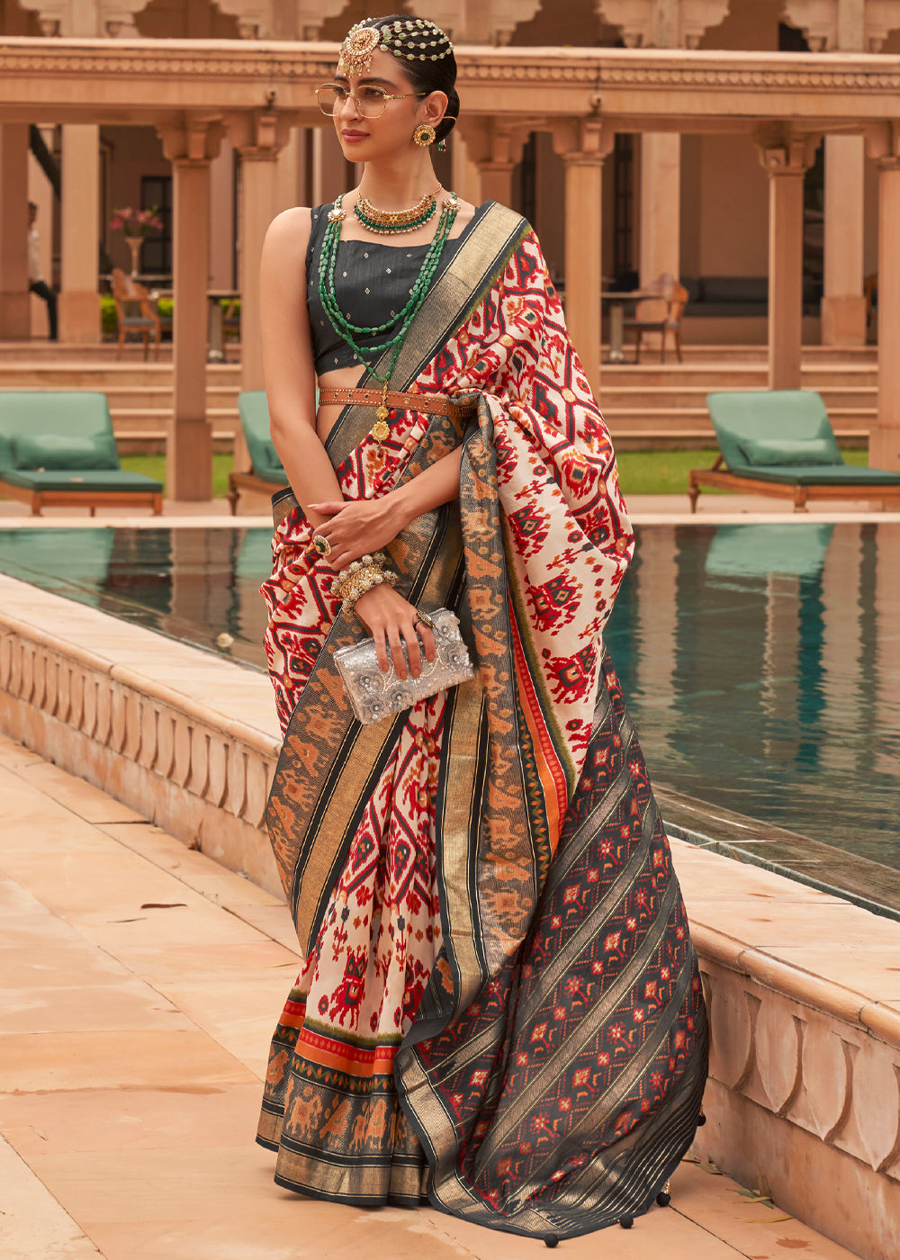 Buy MySilkLove White Red and Grey Woven Patola Silk Saree Online
