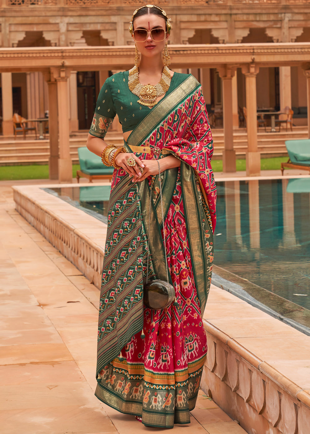 Buy MySilkLove Cabaret Pink and Green Woven Patola Silk Saree Online