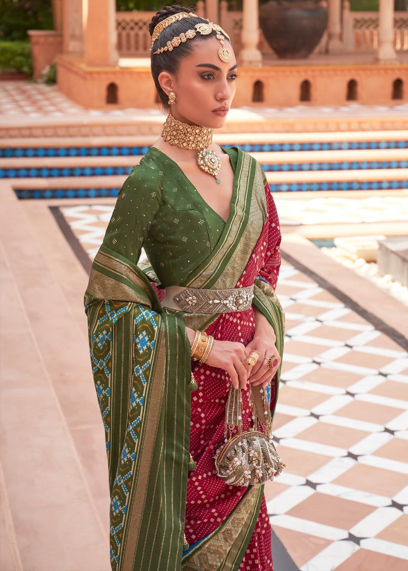 GREEN and MAROON STRIPES SILK Saree with FANCY