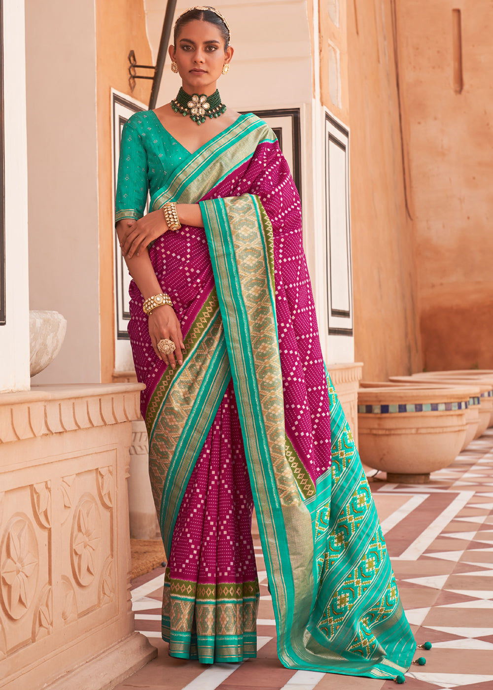 Buy MySilkLove Hibiscus Pink and Green Patola Silk Saree Online