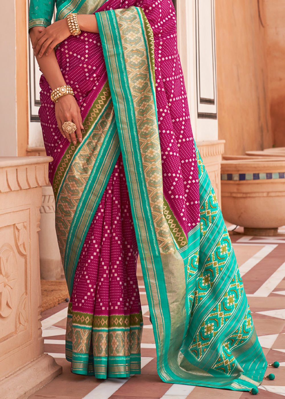 Buy MySilkLove Hibiscus Pink and Green Patola Silk Saree Online