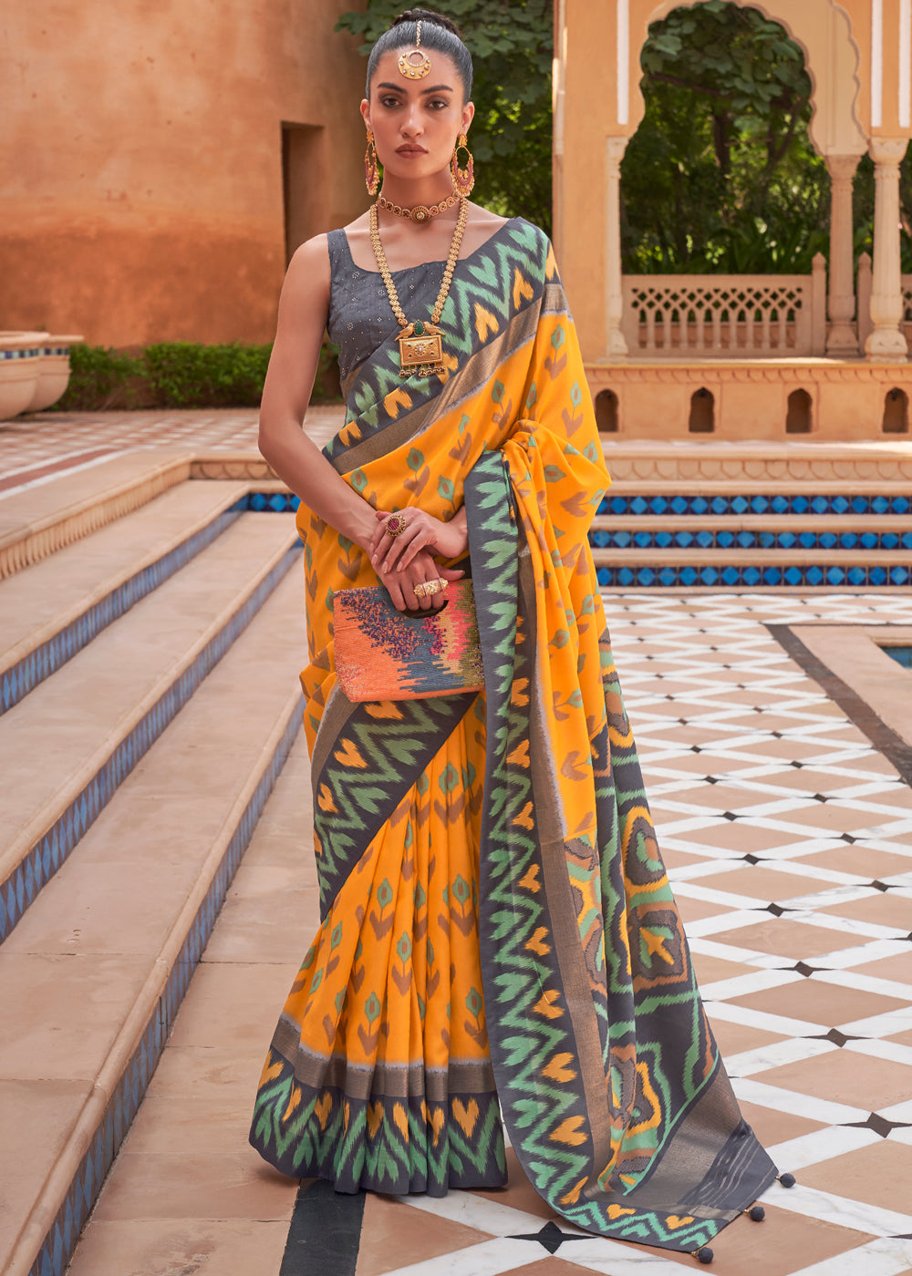 Buy MySilkLove Sunshade Yellow and Grey Patola Silk Saree Online