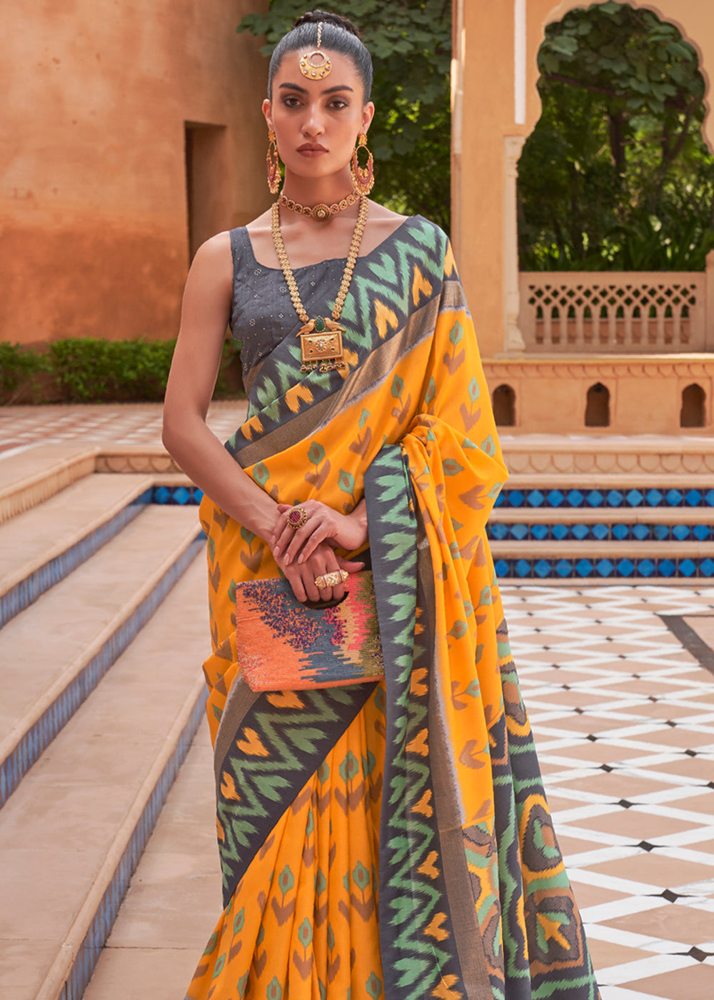 Buy MySilkLove Sunshade Yellow and Grey Patola Silk Saree Online