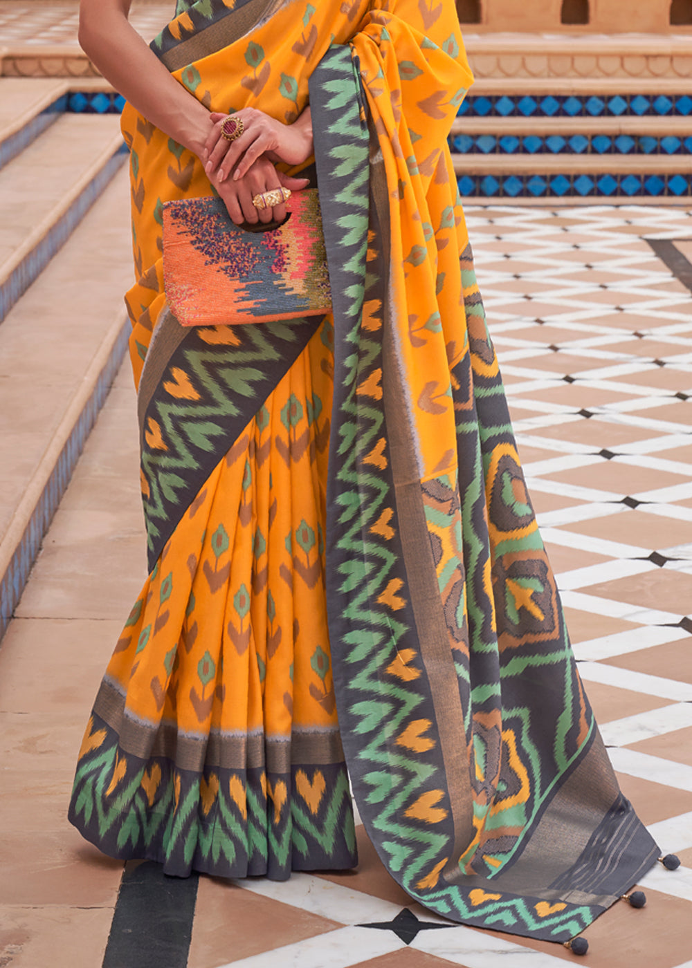 Buy MySilkLove Sunshade Yellow and Grey Patola Silk Saree Online