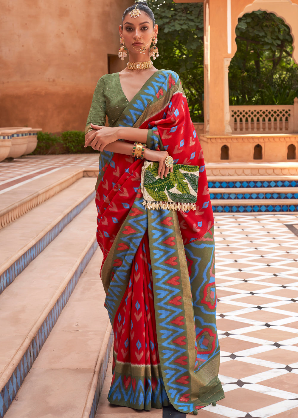 Buy MySilkLove Bright Red and Blue Patola Silk Saree Online