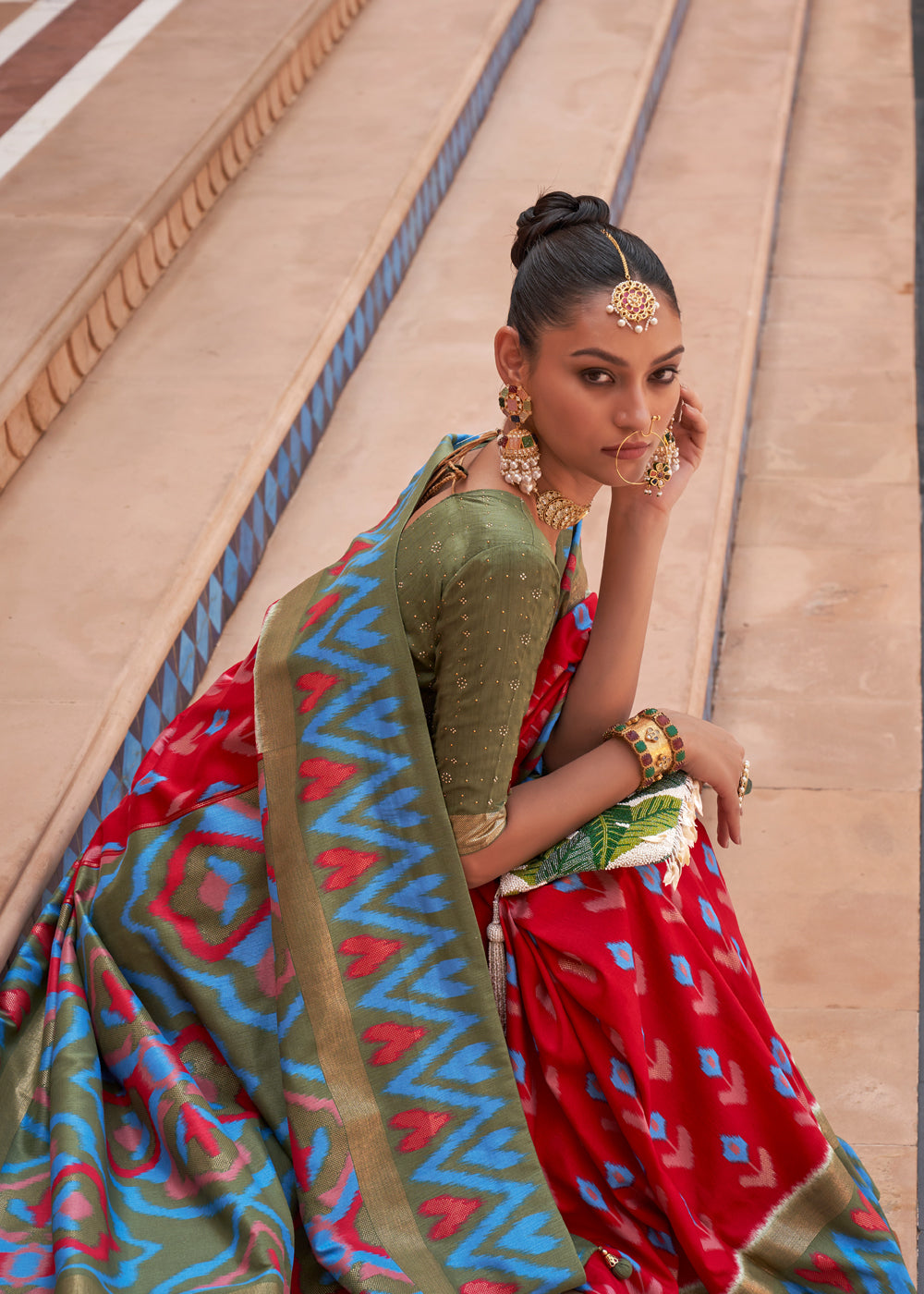 MySilkLove Bright Red and Blue Patola Silk Saree