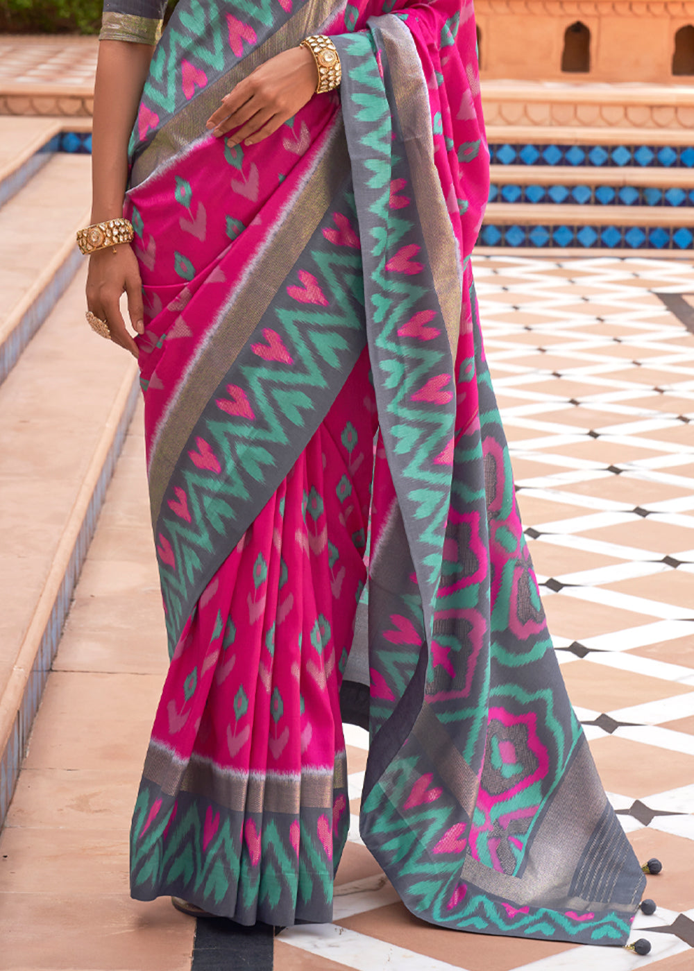 Buy MySilkLove Hot Pink and Grey Patola Silk Saree Online