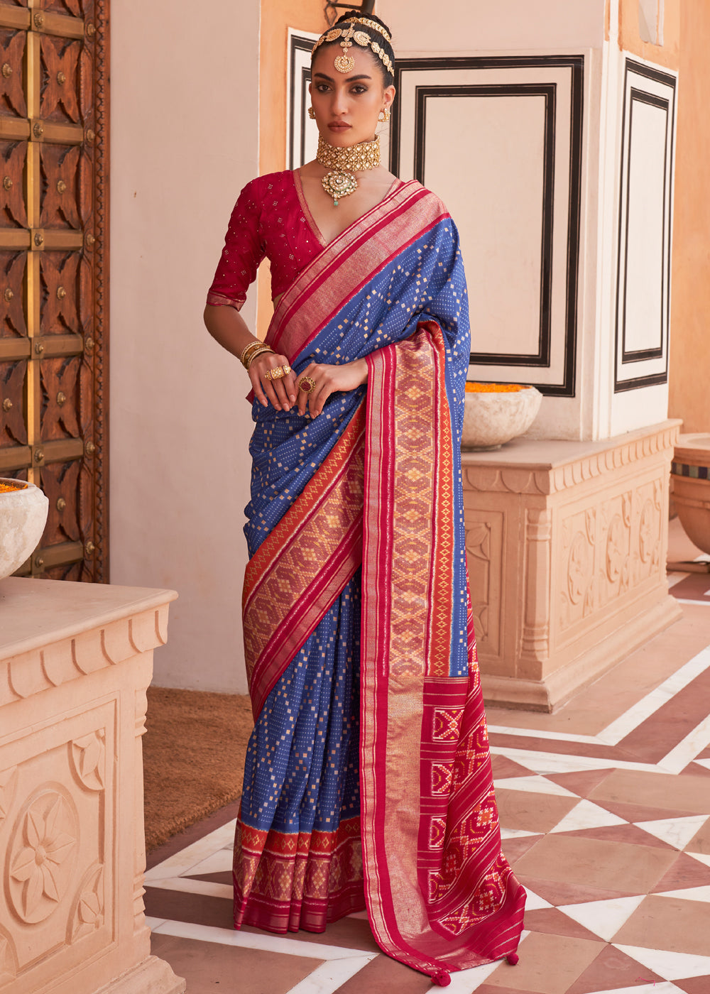 Buy MySilkLove Scampi Blue and Red Patola Silk Saree Online