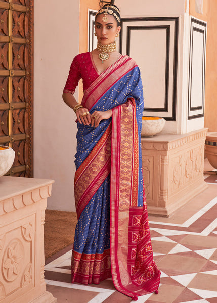 Red Blue Bandhani on Pure Crepe Saree – Naina Jain